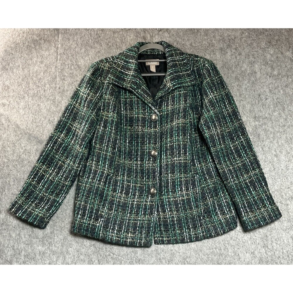 Chicos Coat Womens 2 Large Green Tweed Wool Blend Pockets Button Front Jacket